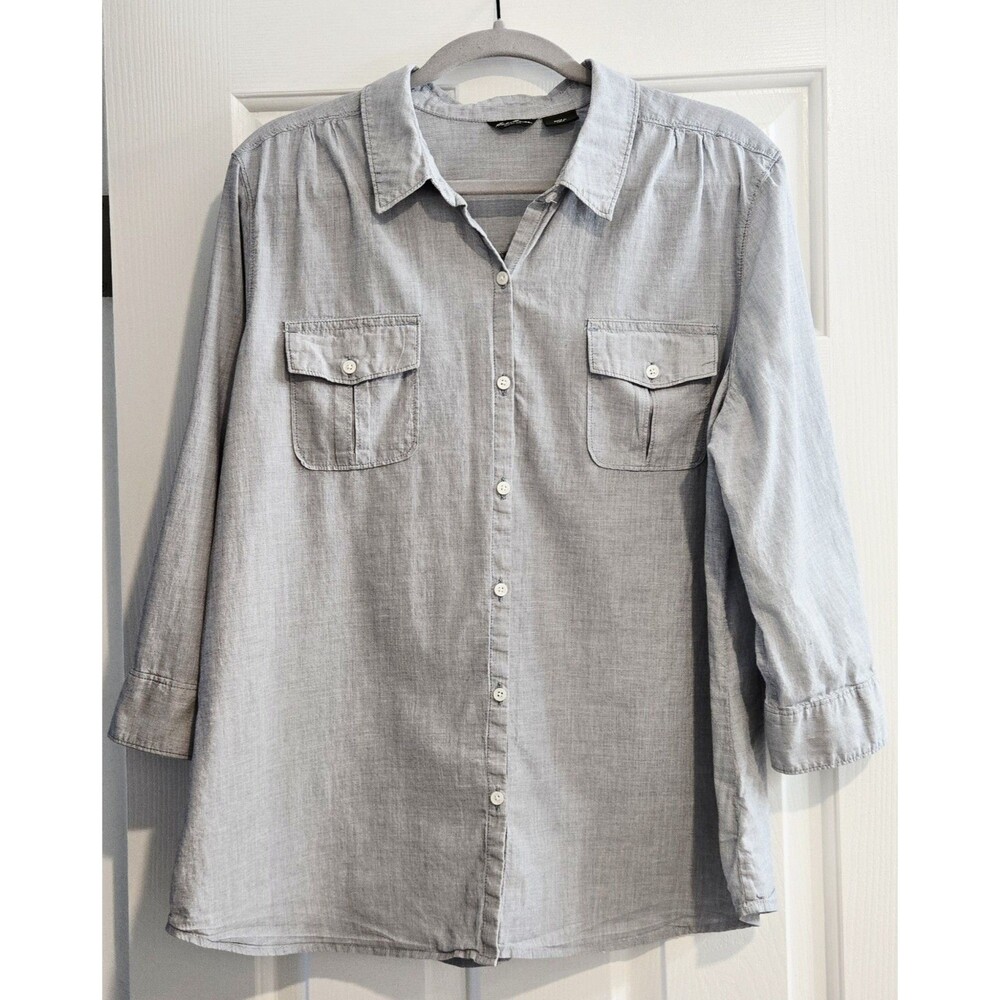 Eddie Bauer Womens XL Grayish Blue Chambray Button Down Shirt Utility Pockets